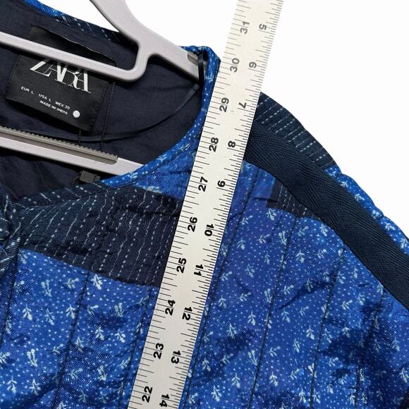 ZARA Vented Quilted Patchwork Jacket Womens L Blue Floral Waist Tie Boho Indie - Picture 4 of 13